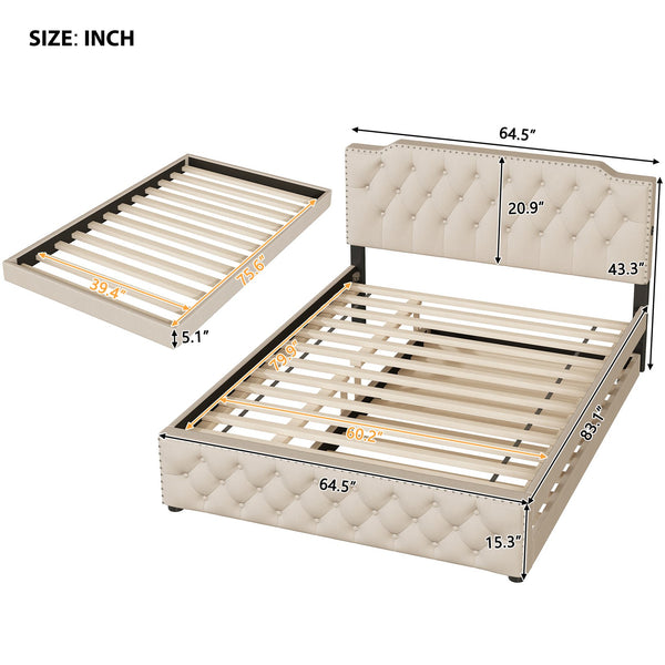 English Elm Queen Upholstered Platform Bed with Button-Tufted Headboard, Twin Trundle & Dual USB Ports, Linen Beige SF000042AAA