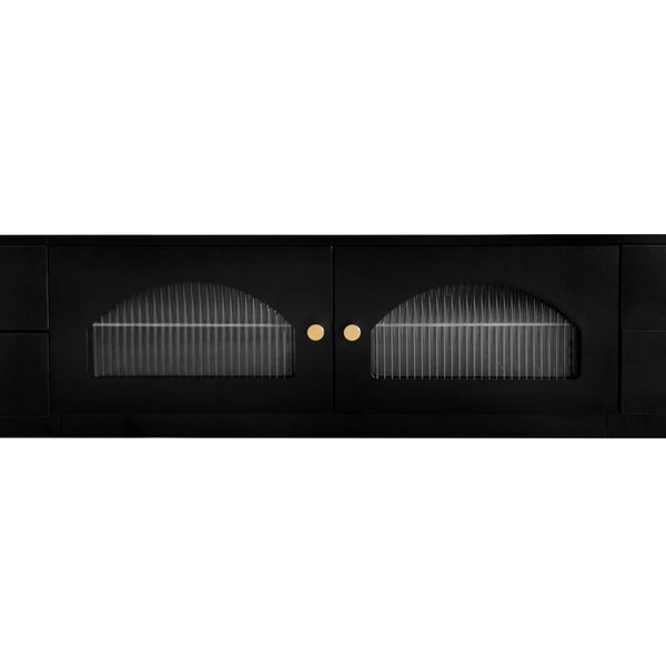 English Elm On-trend Fluted Glass Media Console Low Profile Matte Finish Living Room Tv Stand Black WF311903AAB