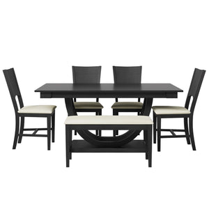 English Elm Topmax Six Piece Rubberwood Dining Set with Bench Linen Seats Sculptural Modern Style Gray N717S000029E