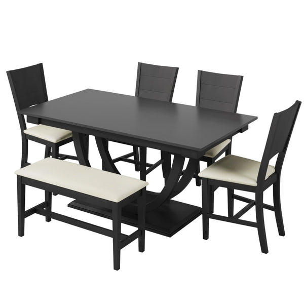 English Elm Topmax Six Piece Rubberwood Dining Set with Bench Linen Seats Sculptural Modern Style Gray N717S000029E