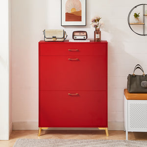 English Elm Shoe Storage Cabinet with Slim Footprint and 2 Flip Drawers, Durable MDF & Metal Organizer for Entryway Red W578124380