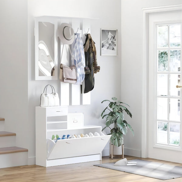 English Elm Combination Entryway Cabinet with Shoe Storage Hanging Shelf and Full Length Mirror W2139134913