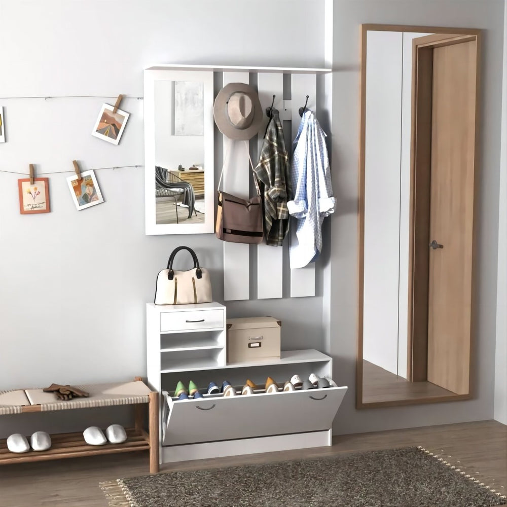 English Elm Combination Entryway Cabinet with Shoe Storage Hanging Shelf and Full Length Mirror W2139134913