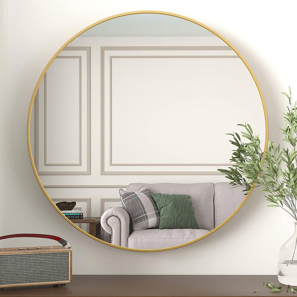 English Elm 39 Inch Metal Framed Round Bathroom Mirror 39" Large 4mm HD Shatterproof Glass with Rust-Resistant Frame Gold W2203P304056