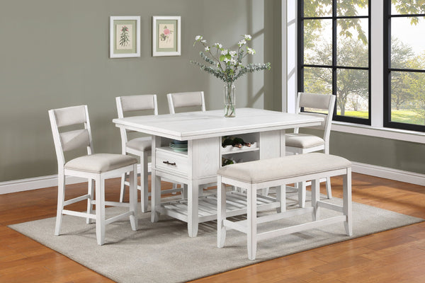 English Elm 1pc Counter Height Dining Table with Wine Rack, Drawer & Open Shelf for Stylish Kitchen Storage Antique White 64 L x 44 W x 6.5 H B011S00968