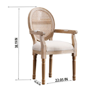 English Elm French Vintage Upholstered Dining Armchair Set of 2 with Rattan Mesh Back, Beige Fabric, Rubberwood Frame W1622113267