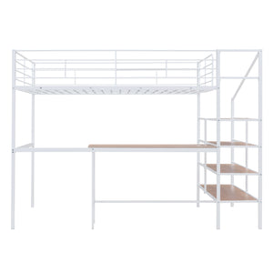 English Elm Full Metal Loft Bed with Built-In Desk, 4-Tier Lateral Ladder Storage and Slatted Guardrails for Small Spaces White SF000051AAK