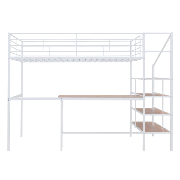 English Elm Full Metal Loft Bed with Built-In Desk, 4-Tier Lateral Ladder Storage and Slatted Guardrails for Small Spaces White SF000051AAK