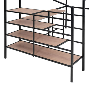 English Elm Full Metal Loft Bed with Built-In Desk, 4-Tier Lateral Ladder Storage and Slatted Guardrails for Small Spaces Black SF000051AAB