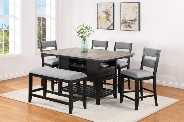 English Elm 1pc Counter Height Dining Table with Wine Rack, Drawer & Open Shelf for Stylish Kitchen Storage Brown Gray 64 L x 44 W x 6.5 H B011S00967