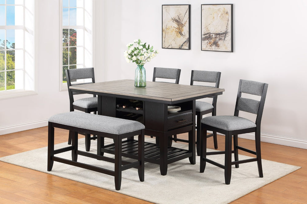 English Elm 6-piece Counter Height Dining Set Solid Wood Table Wine Storage Upholstered Chairs Bench B011S00969