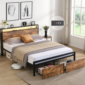 English Elm Queen LED Bed Frame with Storage Headboard, 2 Drawers, Fast Charging Ports, Metal Slats, Silent Support W1916126253