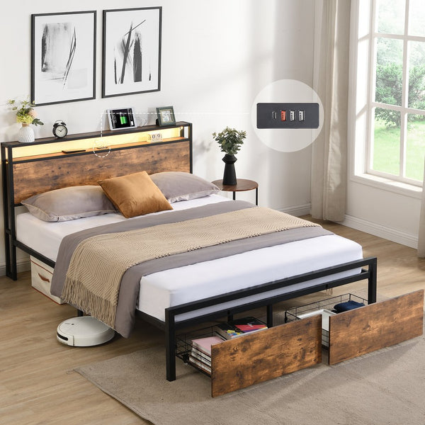 English Elm Queen LED Bed Frame with Storage Headboard, 2 Drawers, Fast Charging Ports, Metal Slats, Silent Support W1916126253