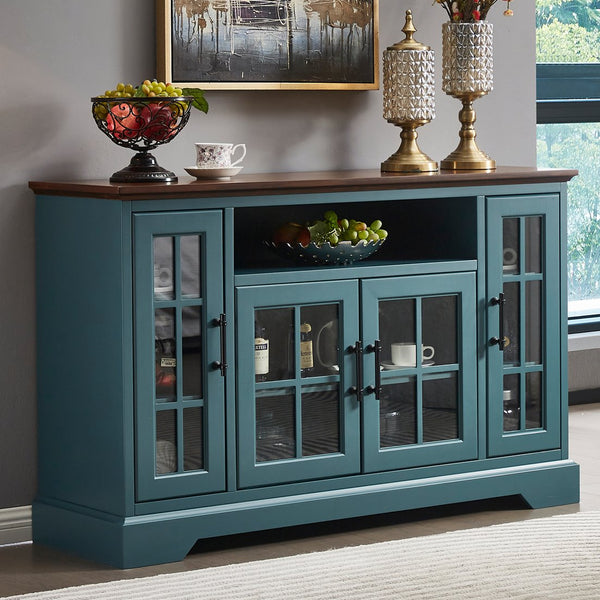 English Elm Buffet Teal Walnut Sideboard with 4 Tempered Glass Doors, Adjustable 5 Shelves, Cable Slots, Vintage Handles W965122600