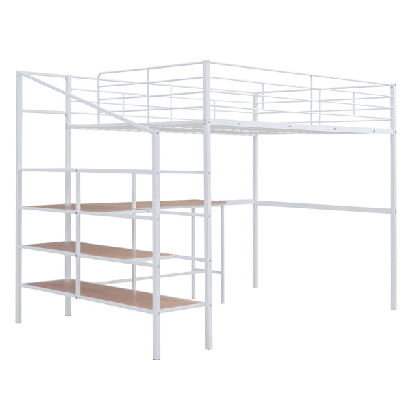 English Elm Full Metal Loft Bed with Built-In Desk, 4-Tier Lateral Ladder Storage and Slatted Guardrails for Small Spaces White SF000051AAK