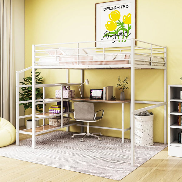 English Elm Full Metal Loft Bed with Built-In Desk, 4-Tier Lateral Ladder Storage and Slatted Guardrails for Small Spaces White SF000051AAK