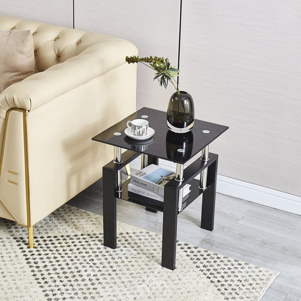 English Elm 2-piece Tempered Glass End Table Set Geometric Modern Design for Living Room Spaces W1718127063
