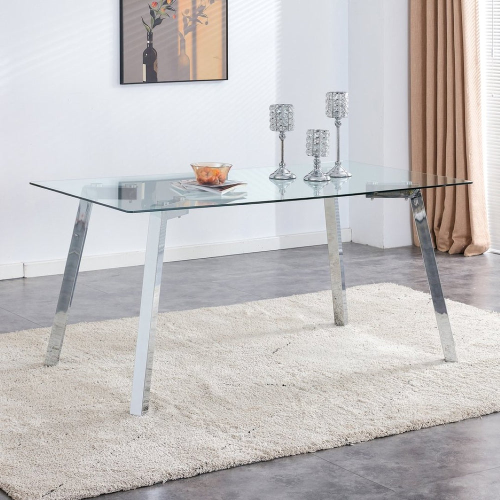 English Elm Modern Tempered Glass Rectangular Dining Table with Matte Black Legs Seats Six W1151S00427