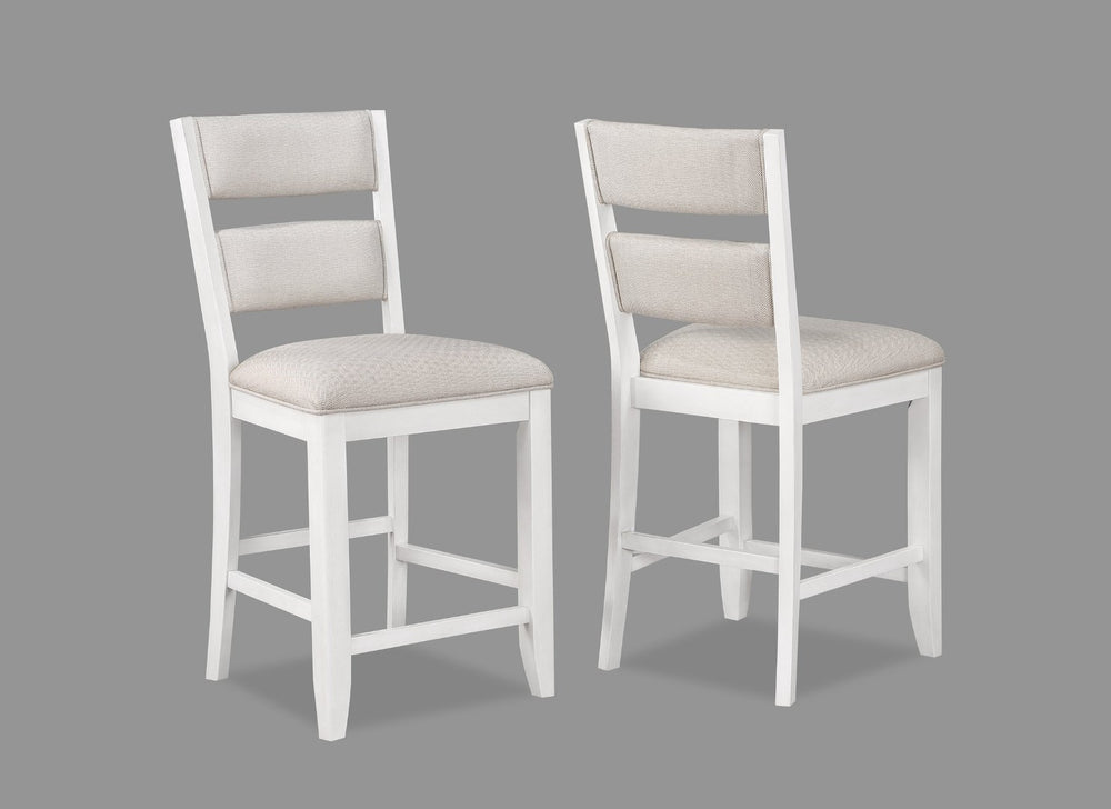 English Elm 7pc Counter Height Solid Wood Dining Set with Wine Rack Drawer Open Shelf Gray Chairs White B011S02283