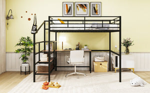 English Elm Full Metal Loft Bed with Built-In Desk, 4-Tier Lateral Ladder Storage and Slatted Guardrails for Small Spaces Black SF000051AAB