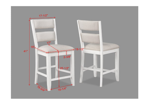 English Elm 5pc Counter Height Solid Wood Dining Set with Wine Rack Drawer and Upholstered Chairs White B011S02284