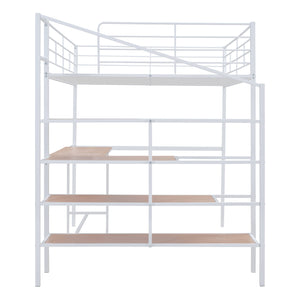English Elm Full Metal Loft Bed with Built-In Desk, 4-Tier Lateral Ladder Storage and Slatted Guardrails for Small Spaces White SF000051AAK