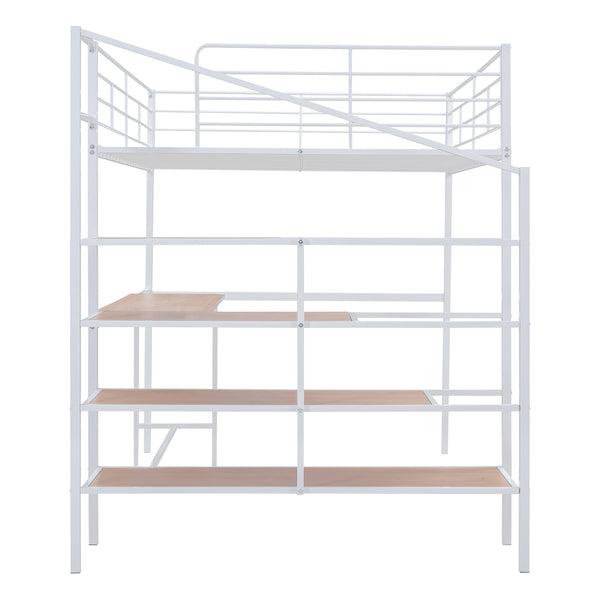 English Elm Full Metal Loft Bed with Built-In Desk, 4-Tier Lateral Ladder Storage and Slatted Guardrails for Small Spaces White SF000051AAK