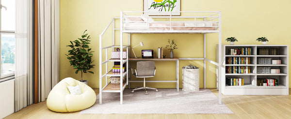 English Elm Full Metal Loft Bed with Built-In Desk, 4-Tier Lateral Ladder Storage and Slatted Guardrails for Small Spaces White SF000051AAK