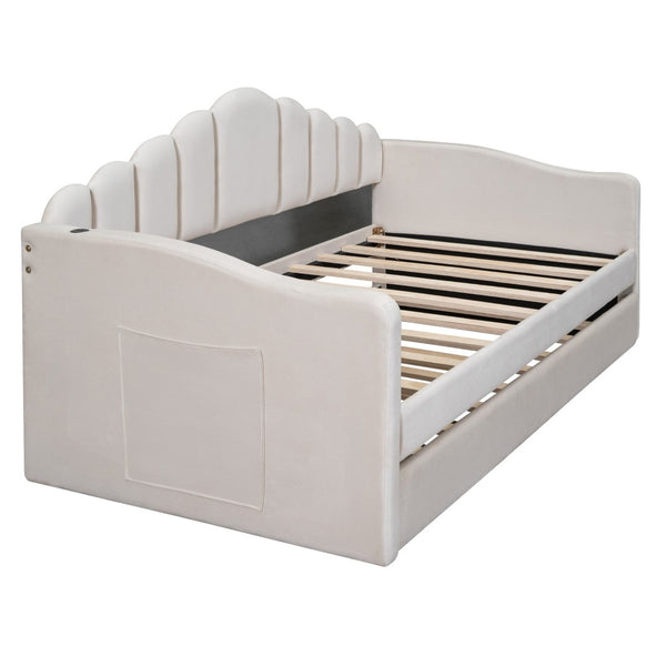 English Elm Twin Velvet Upholstered Daybed with Pull Out Trundle and Built in Usb Charging N733S382368A
