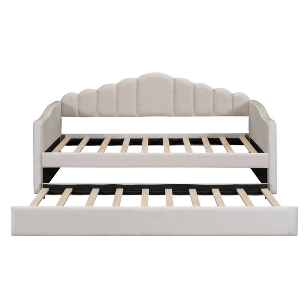 English Elm Twin Velvet Upholstered Daybed with Pull Out Trundle and Built in Usb Charging N733S382368A