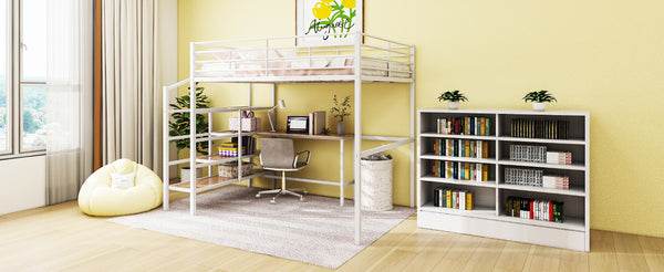 English Elm Full Metal Loft Bed with Built-In Desk, 4-Tier Lateral Ladder Storage and Slatted Guardrails for Small Spaces White SF000051AAK