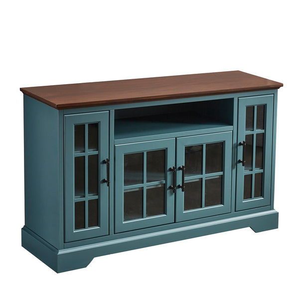 English Elm Buffet Teal Walnut Sideboard with 4 Tempered Glass Doors, Adjustable 5 Shelves, Cable Slots, Vintage Handles W965122600
