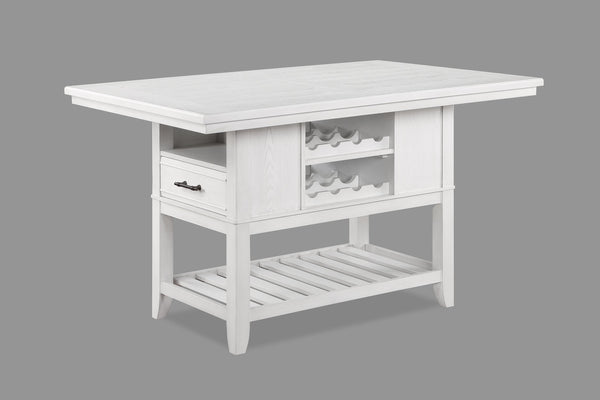 English Elm 1pc Counter Height Dining Table with Wine Rack, Drawer & Open Shelf for Stylish Kitchen Storage Antique White 64 L x 44 W x 6.5 H B011S00968