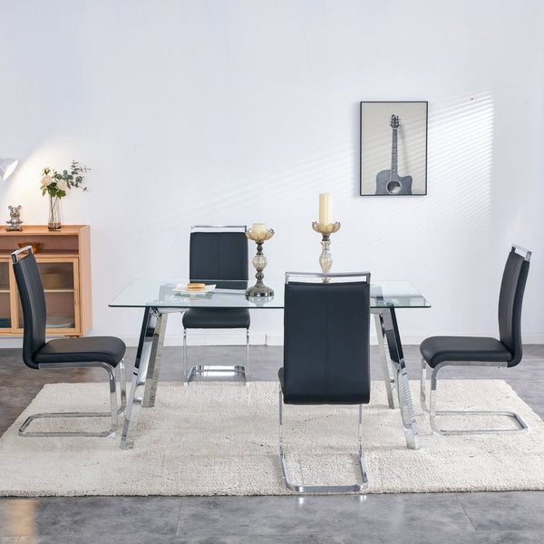 English Elm Modern Tempered Glass Rectangular Dining Table with Matte Black Legs Seats Six W1151S00427