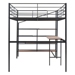 English Elm Full Metal Loft Bed with Built-In Desk, 4-Tier Lateral Ladder Storage and Slatted Guardrails for Small Spaces Black SF000051AAB
