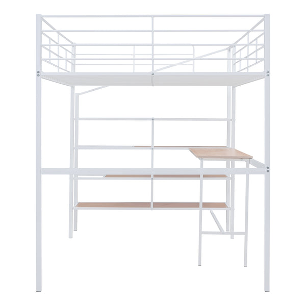 English Elm Full Metal Loft Bed with Built-In Desk, 4-Tier Lateral Ladder Storage and Slatted Guardrails for Small Spaces White SF000051AAK