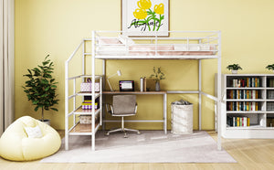 English Elm Full Metal Loft Bed with Built-In Desk, 4-Tier Lateral Ladder Storage and Slatted Guardrails for Small Spaces White SF000051AAK