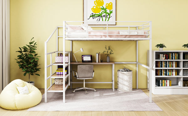 English Elm Full Metal Loft Bed with Built-In Desk, 4-Tier Lateral Ladder Storage and Slatted Guardrails for Small Spaces White SF000051AAK