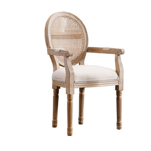 English Elm French Vintage Upholstered Dining Armchair Set of 2 with Rattan Mesh Back, Beige Fabric, Rubberwood Frame W1622113267