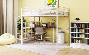 English Elm Full Metal Loft Bed with Built-In Desk, 4-Tier Lateral Ladder Storage and Slatted Guardrails for Small Spaces White SF000051AAK
