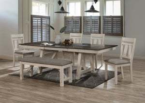 English Elm 6pc Cottage-Style Extendable Dining Set with Self-Storing Leaves, Two-Tone Chalk Gray Finish, Upholstered Bench & Chairs B011S00792