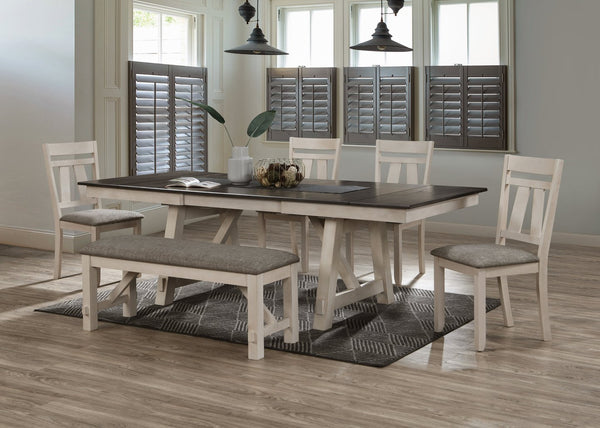 English Elm 6pc Cottage-Style Extendable Dining Set with Self-Storing Leaves, Two-Tone Chalk Gray Finish, Upholstered Bench & Chairs B011S00792
