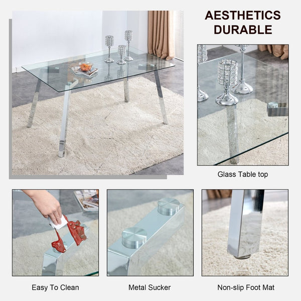 English Elm Modern Tempered Glass Rectangular Dining Table with Matte Black Legs Seats Six W1151S00427