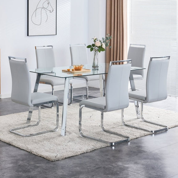English Elm Modern Tempered Glass Rectangular Dining Table with Matte Black Legs Seats Six W1151S00427