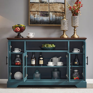 English Elm Buffet Teal Walnut Sideboard with 4 Tempered Glass Doors, Adjustable 5 Shelves, Cable Slots, Vintage Handles W965122600