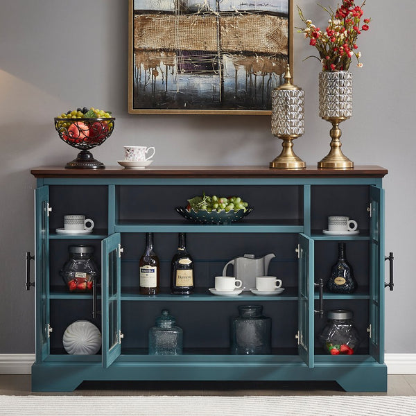 English Elm Buffet Teal Walnut Sideboard with 4 Tempered Glass Doors, Adjustable 5 Shelves, Cable Slots, Vintage Handles W965122600