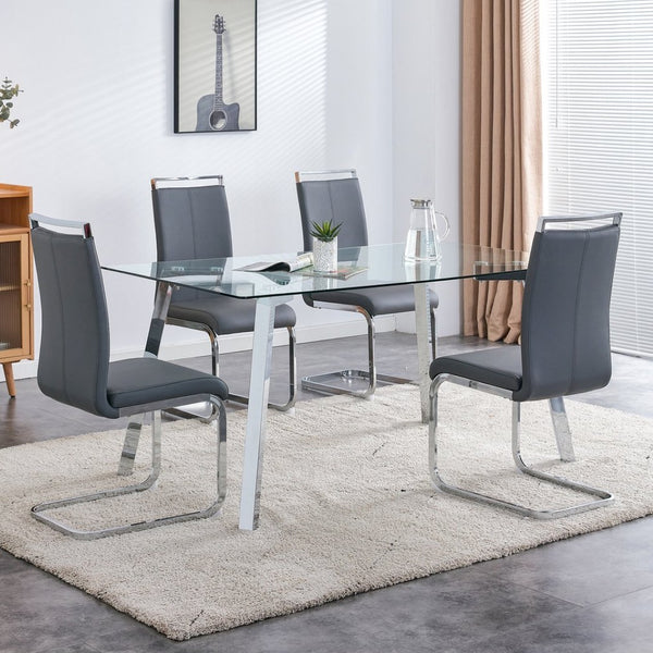 English Elm Modern Tempered Glass Rectangular Dining Table with Matte Black Legs Seats Six W1151S00427