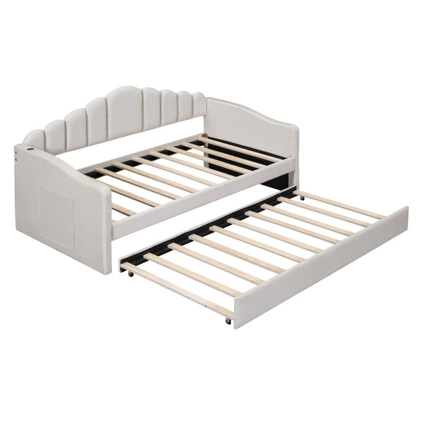 English Elm Twin Velvet Upholstered Daybed with Pull Out Trundle and Built in Usb Charging N733S382368A