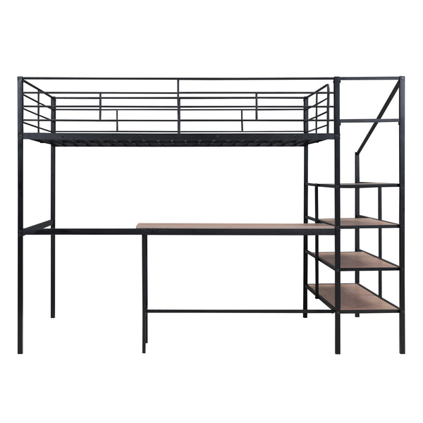English Elm Full Metal Loft Bed with Built-In Desk, 4-Tier Lateral Ladder Storage and Slatted Guardrails for Small Spaces Black SF000051AAB