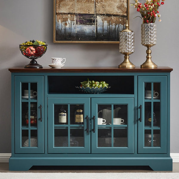 English Elm Buffet Teal Walnut Sideboard with 4 Tempered Glass Doors, Adjustable 5 Shelves, Cable Slots, Vintage Handles W965122600
